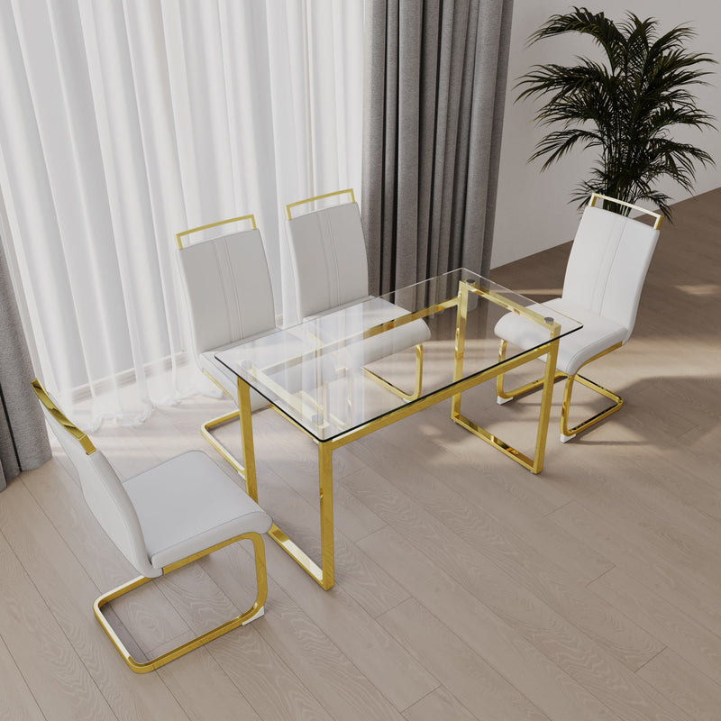 51 inch Glass Dining Table Set for 4, Dining Table & Chair Sets with Golden Plating Legs for Kitchen, Modern Rectangle Tempered Glass Table Top and PU Dining armless Chair for Dining Room