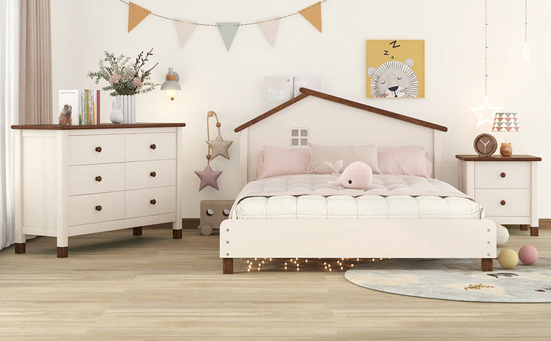 3-Pieces Bedroom Sets Full Size Platform Bed with Nightstand and Storage dresser, Cream+Walnut