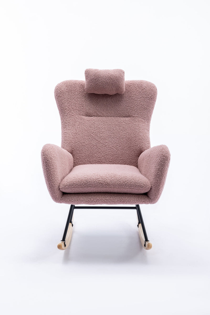 35.5 inch Rocking Chair, Soft Teddy Velvet Fabric Rocking Chair for Nursery, Comfy Wingback Glider Rocker with Safe Solid Wood Base for Living Room Bedroom Balcony (pink)