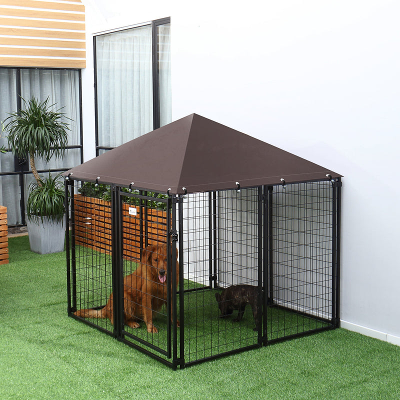 5' x 5' x 5' Dog Kennel Outdoor, Walk-in Pet Playpen, Welded Wire Steel Dog Fence with Water-and UV-Resistant Canopy, Jet Black