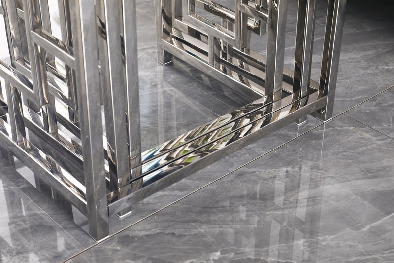 3 Pieces Silver Square Nesting Glass End Tables- Small Coffee Table Set- Stainless Steel End Tables with Dark Gray Tempered Glass- 18" Modern Minimalist Small Coffee Tables for Living Room