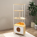Corner Cat Tower, Cat Tree With Scratching Post, Cat Condo With Feeding Station And Climbing Platforms, Pet Furniture For Indoor Cats - White / Light Oak by HouseOfZazla
