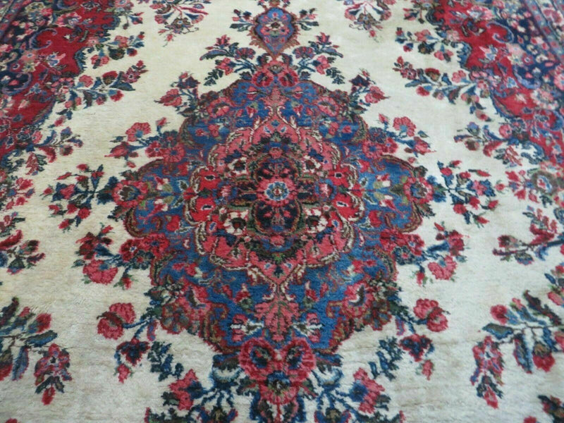 9x12 Persian Sarouk Rug - Semi Open Field Medallion Rug - Ivory Red Blue Hand Knotted Wool Oriental Carpet 9 x 12 Antique Rug - Vegetable Dyes