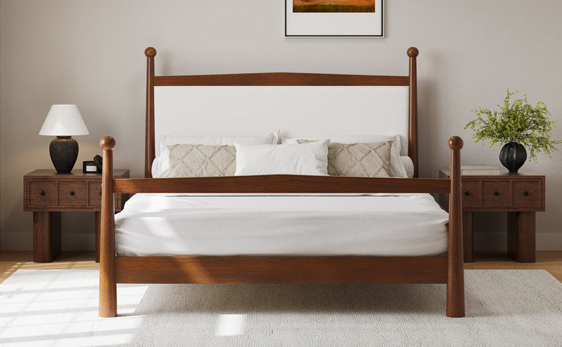 Mid-Century Modern Queen Size Solid Pine Wood Platform Bed with Upholstered Headboard in Boucle, No Box Spring Needed, Brown