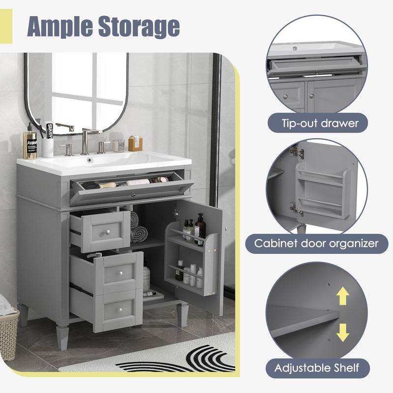 30" Bathroom Vanity with Top Sink, Modern Bathroom Storage Cabinet with 2 Drawers and a Tip-out Drawer, Single Sink Bathroom Vanity