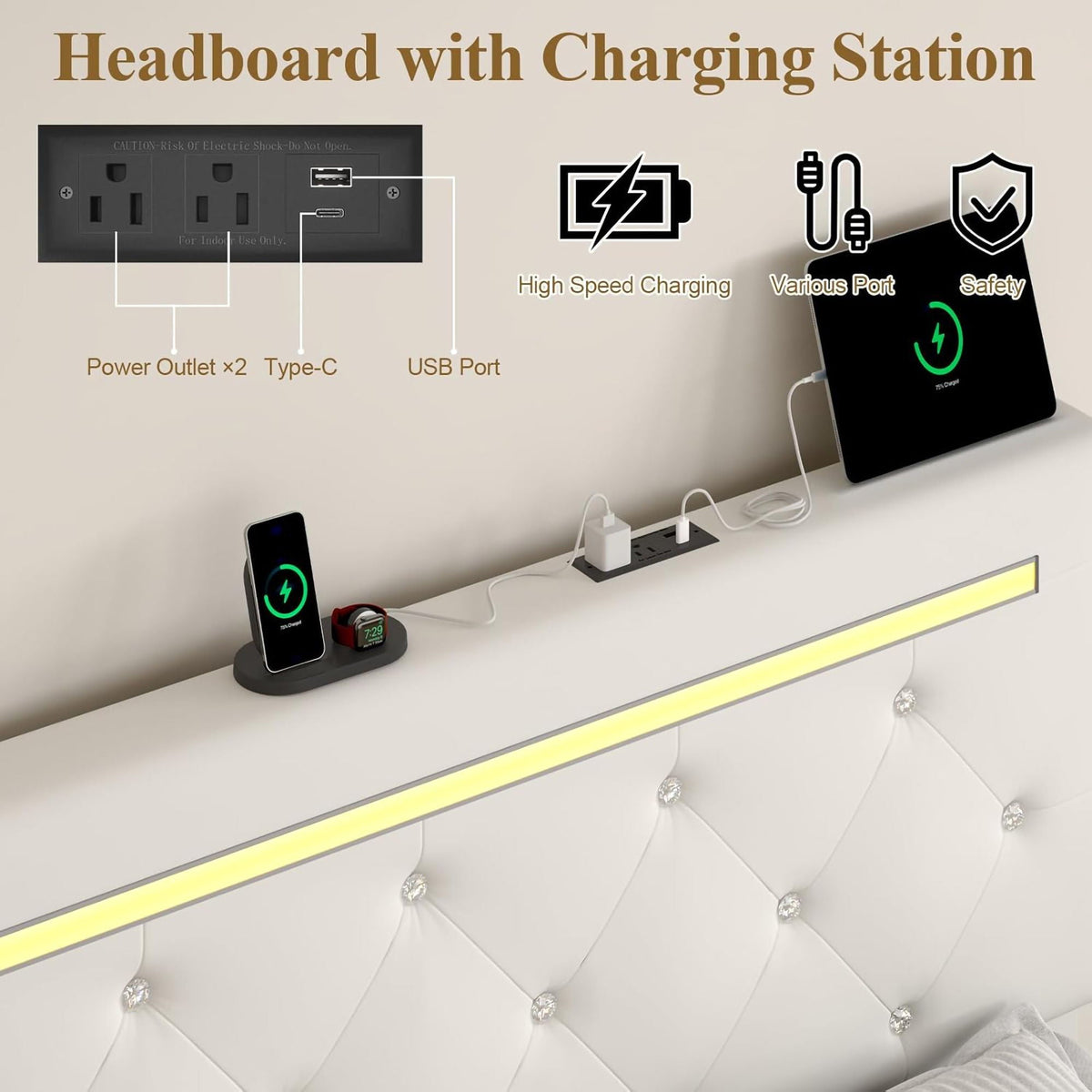 Upholstered Bed Frame With LED Lights, 4 Storage Drawers, Charging Station, photo 21 of 31