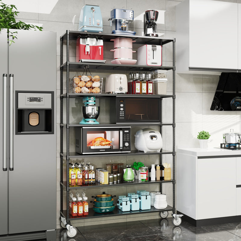 7 Tier Standing Shelf Units, 2800 LBS NSF Height Adjustable Metal Garage Storage Shelves with Wheels, Heavy Duty Storage Rack Metal Shelves - Black - 7T-2800LBS-BLACK