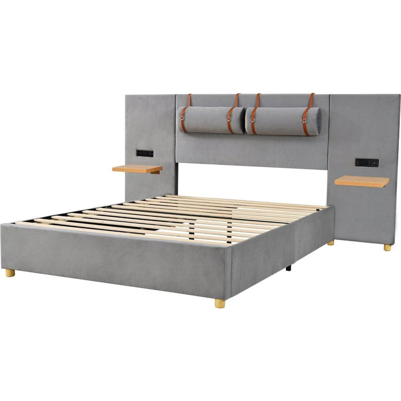 Full size upholstered platform bed with two outlets and USB charging ports on both sides, two bedside pillows, storage shelf, Velvet,Gray