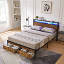 Modern Metal Platform Bed Frame With Wooden Headboard And Footboard, USB Charging Station, LED Lights, 2 Drawers by Unique Piece Furniture