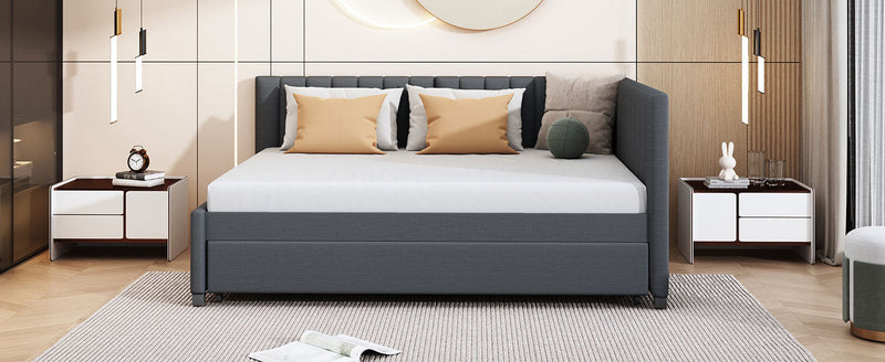 Full Size Upholstered Daybed with Trundle Sofa Bed Frame No Box Spring Needed, Linen Fabric(Gray)