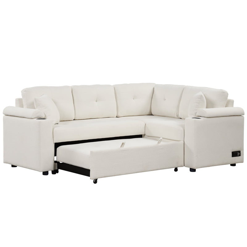87.4" L-shape Sofa Bed Pull-out Sleeper Sofa with Wheels, USB Ports, Power Sockets for Living Room, Beige