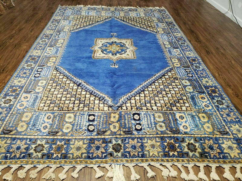 7' X 10' 5" Handmade Moroccan Urban Rabat Wool Carpet Blue Area Rug