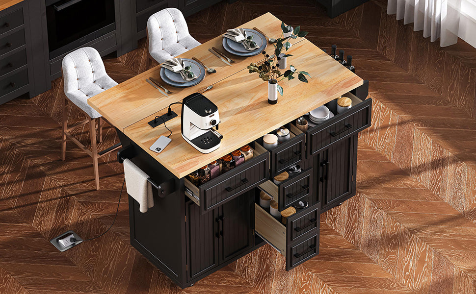 K&K 56.5'' Kitchen Island with Drop Leaf, Power Outlet, photo 8 of 10