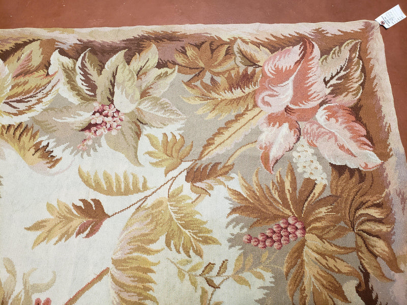 7' 7" x 9' 8" Needlepoint Rug Floral Beige Flat Weave Carpet 8x10 Handmade New Area Rug