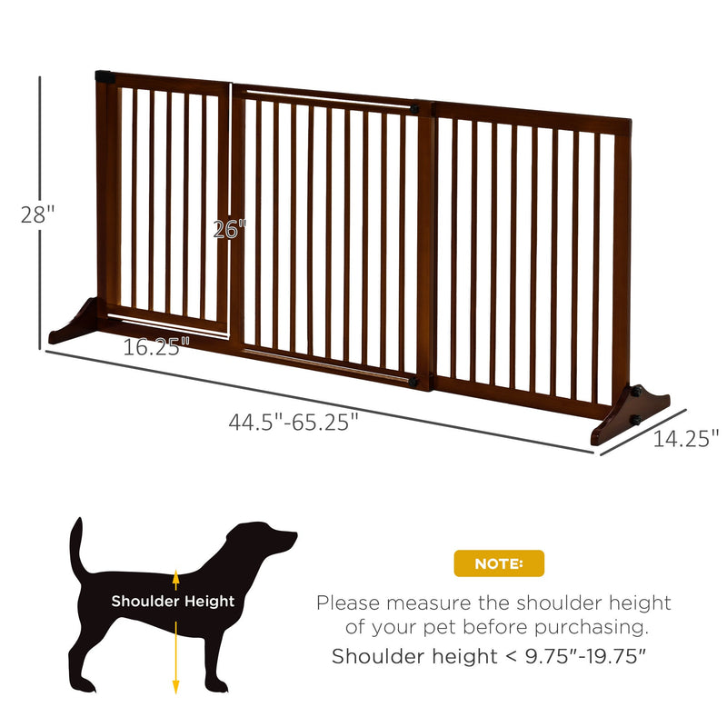 Adjustable Wooden Pet Gate, Freestanding Dog Fence for Doorway, Hall, 3 Panels w/ Safety Barrier, Lockable Door, Brown, 44.5"-65.25" L x 14.25" H