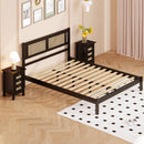 3-Pieces Bedroom Sets Full Size Wooden Platform Bed with Natural Rattan Headboard, Nightstands Set of 2 with Rattan-Woven Surfaces and Three Drawers for Bedroom, Black