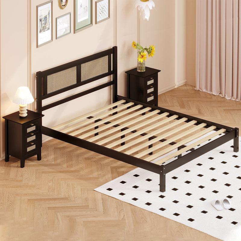 3-Pieces Bedroom Sets Full Size Wooden Platform Bed with Natural Rattan Headboard, Nightstands Set of 2 with Rattan-Woven Surfaces and Three Drawers for Bedroom, Black