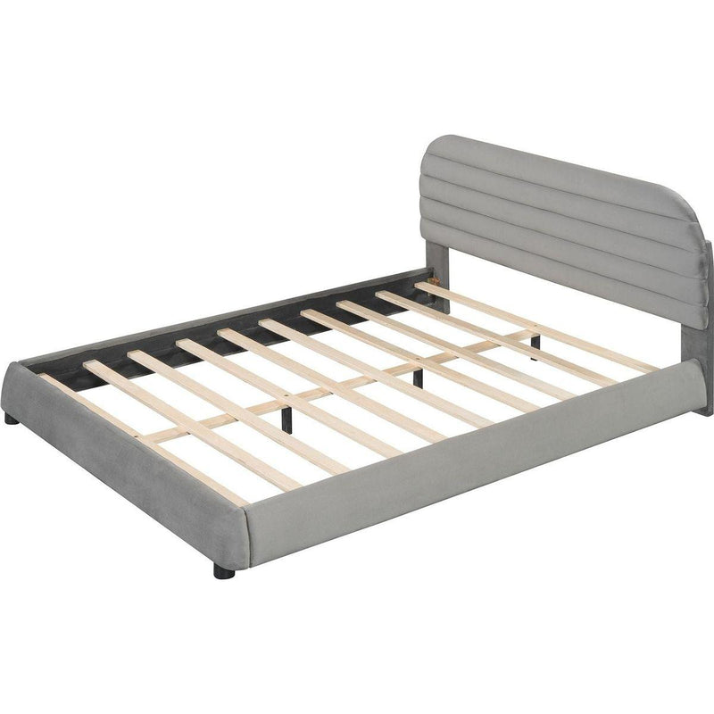 Queen Size Velvet Upholstered Platform Bed,Solid Frame and Stylish Curve-shaped Design, Gray