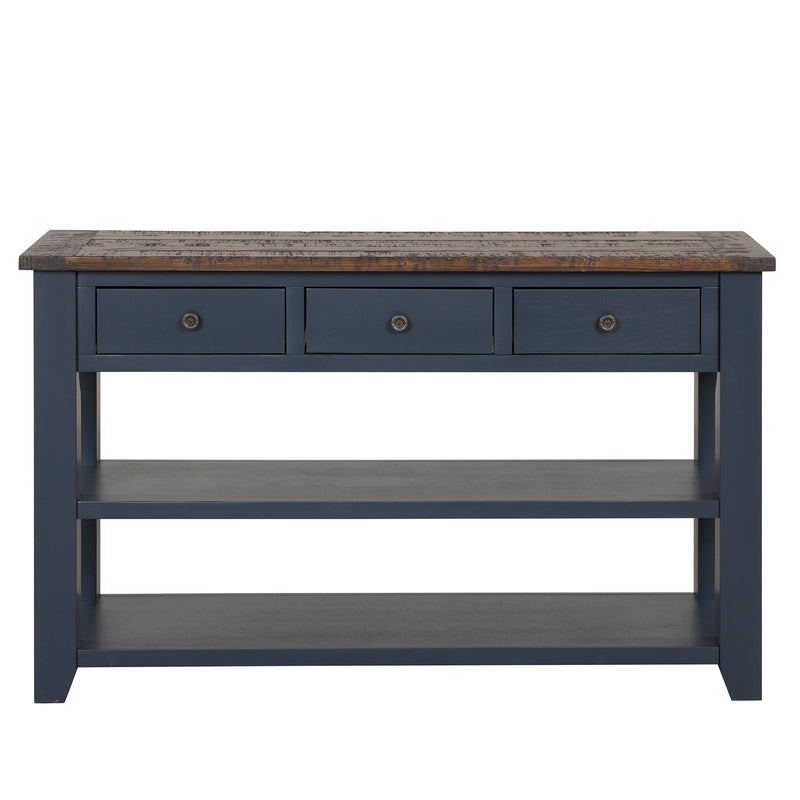 48" Solid Pine Wood Top Console Table, Modern Entryway Sofa Side Table with 3 Storage Drawers and 2 Shelves. Easy to Assemble (Blue)