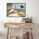 Framed Canvas Wall Art Beautiful Field Painting Wildflower Barn Print Nature Scenery Picture For Home - Blue / Pink