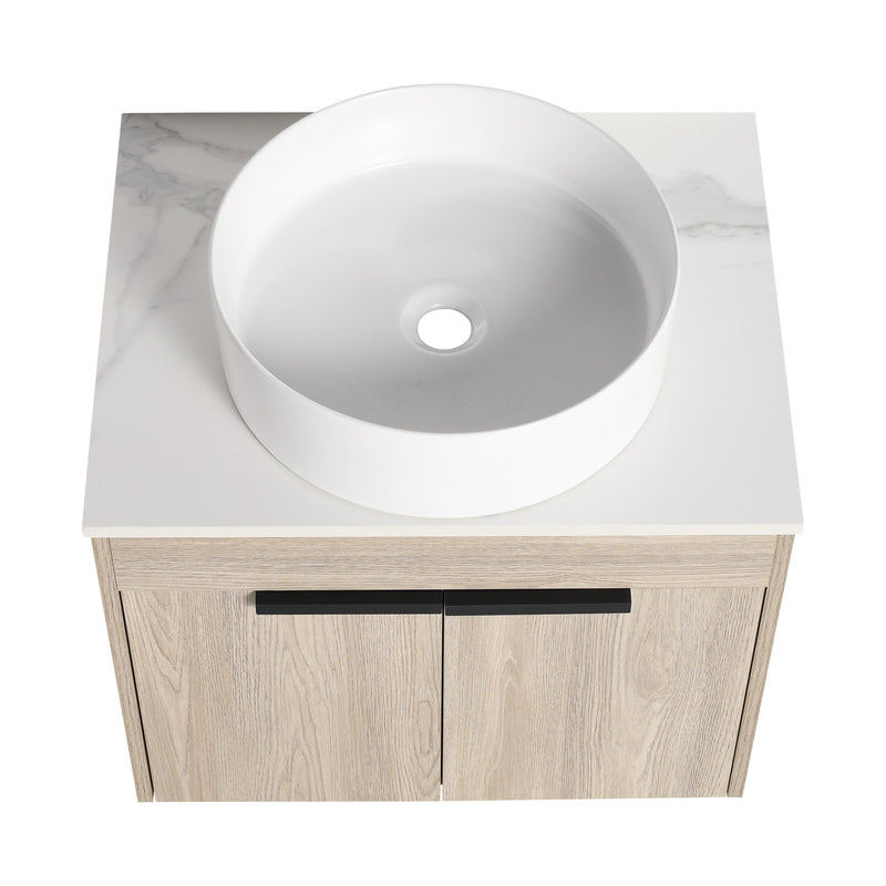 24 " Modern Design Float Bathroom Vanity With Ceramic Basin Set, Wall Mounted White Oak Vanity With Soft Close Door,KD-Packing,KD-Packing,2 Pieces Parcel(TOP