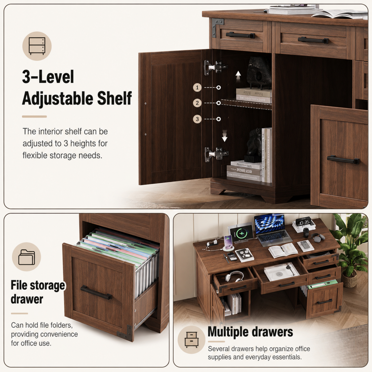 55" Farmhouse Executive Desk with Charging Station, photo 5 of 10