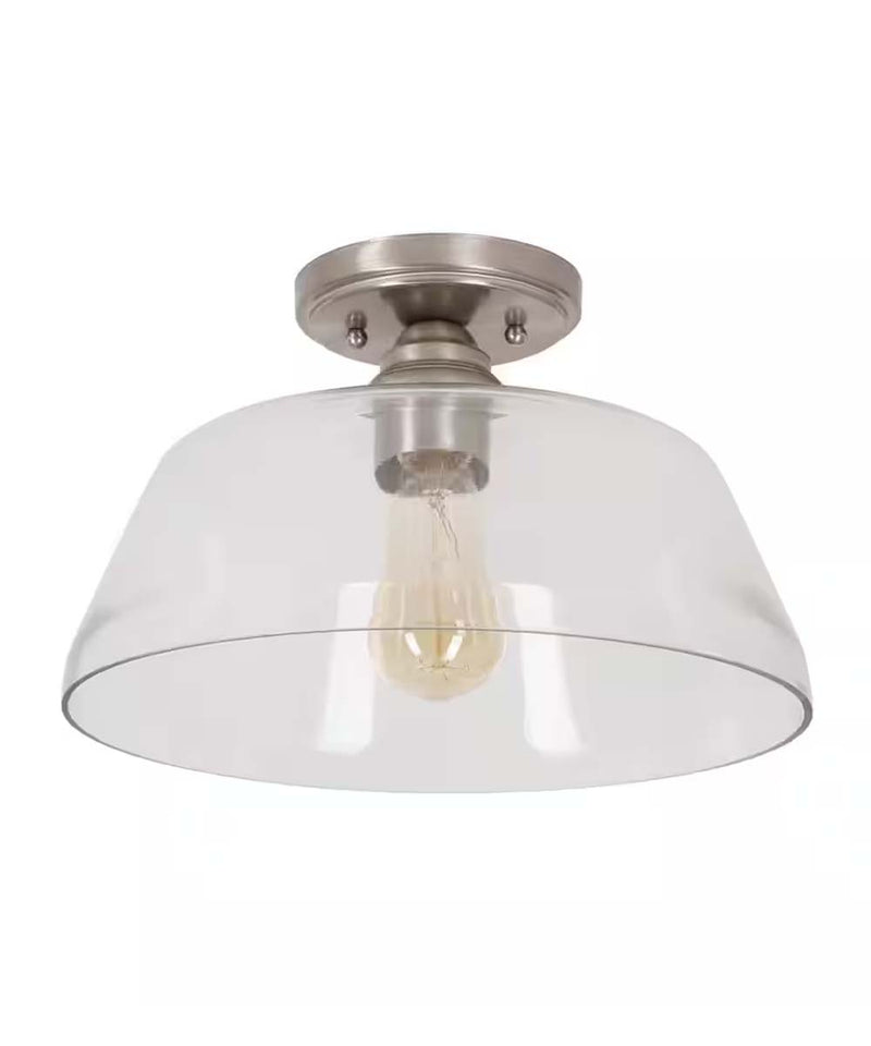 Catalina 13"W 1-Light Semi Flush Mount Vintage Light Fixture Brushed Nickel Finish with Glass Shade