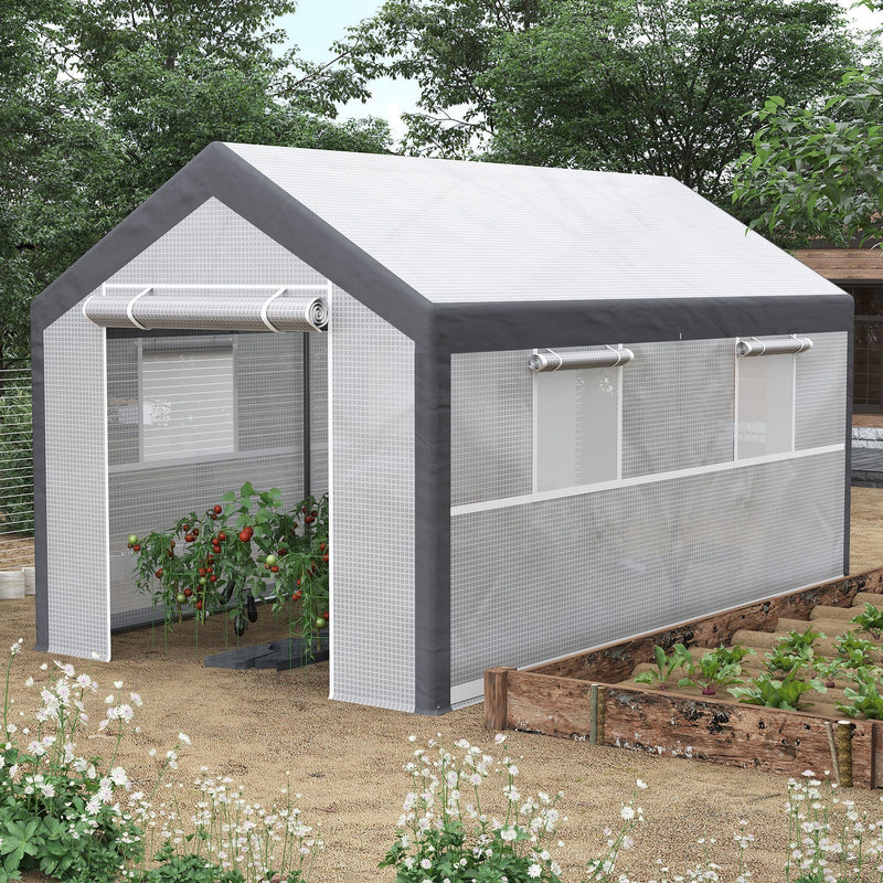 12' x 7' x 7' Walk-In Greenhouse, Outdoor Garden Warm Hot House with 4 Roll-up Windows, 2 Zippered Doors and Weather Cover, White