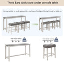 4 Piece Bar Table Set with Power Outlet,Bar Table Set with Chairs,Sofa Bar Table with Stools,Behind Couch Table with 3 Padded Stools,for Living Room,Dining room, White & Grey