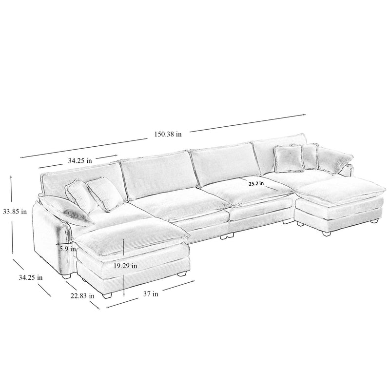 Walker Edison - Oversize U Shape Corduroy Sofa , Modern Upholstered 4 Seater Sofa with 2  Ottomans,  Premium Soft Corduroy Fabric Sofa