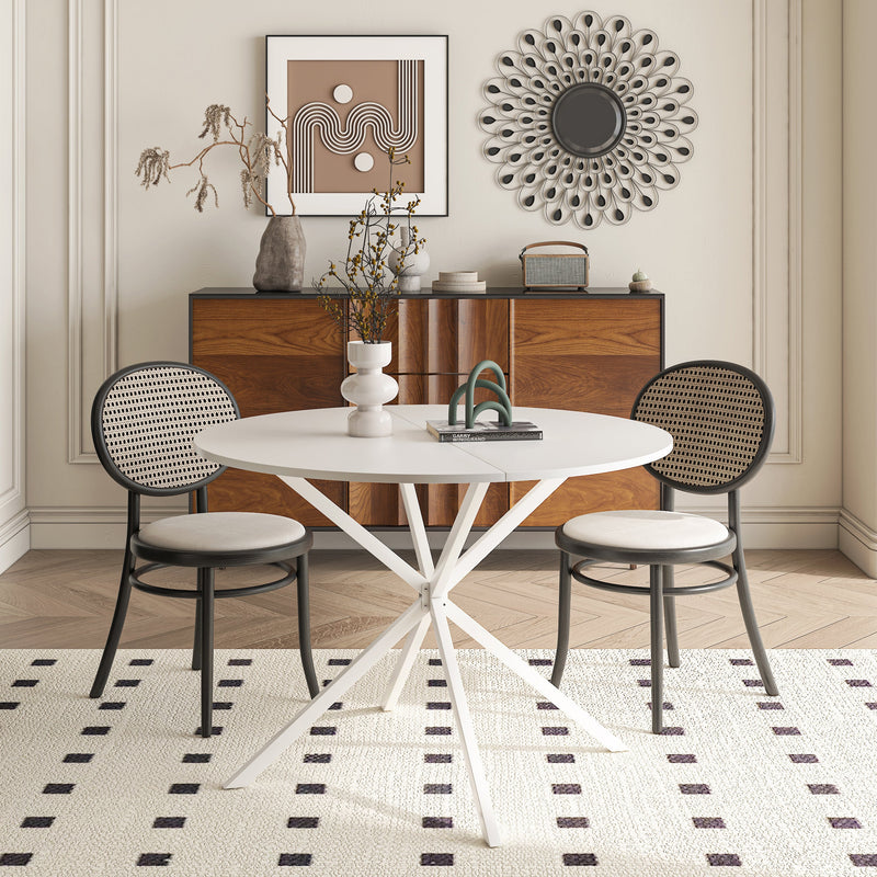 42.13" Modern Cross Leg Round Dining Table, White Top Occasional Table, Two Piece Removable Top, Matte Finish Iron Legs