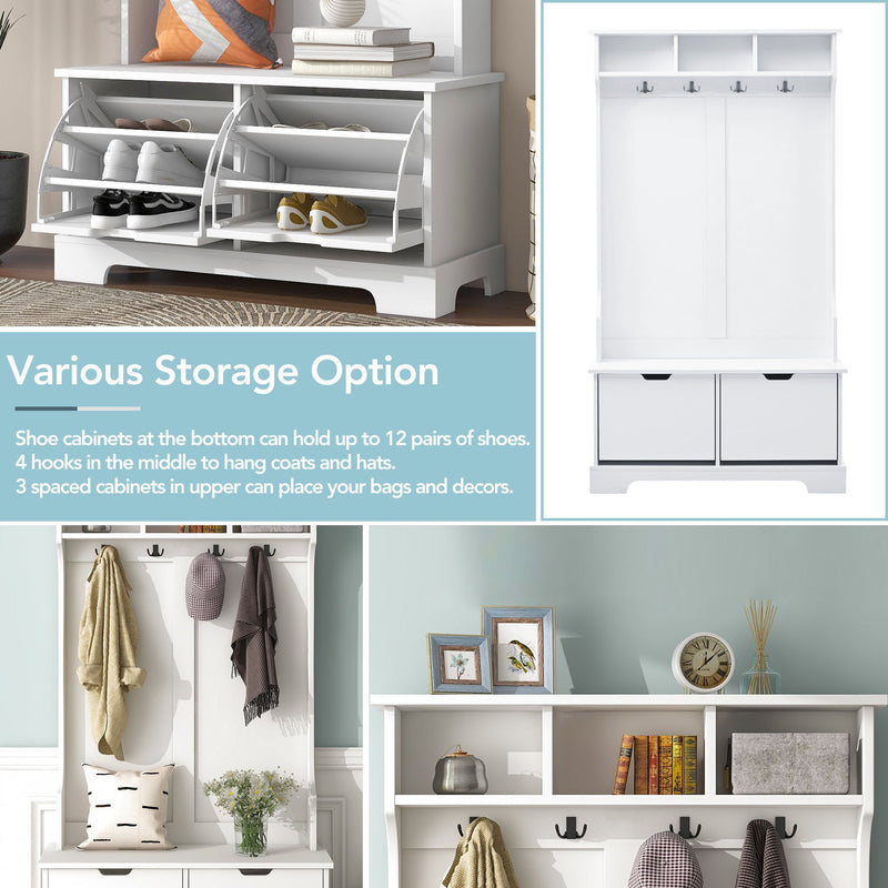 All in One Hall Tree with 3 Top Shelves and 2 Flip Shoe Storage Drawers, Wood Hallway Organizer with Storage Bench and Metal Hanging Hooks, White