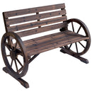 41" Wooden Wagon Wheel Bench, Rustic Outdoor Patio Weather Resistance Furniture, 2-Person Slatted Seat Bench with Backrest, Carbonized