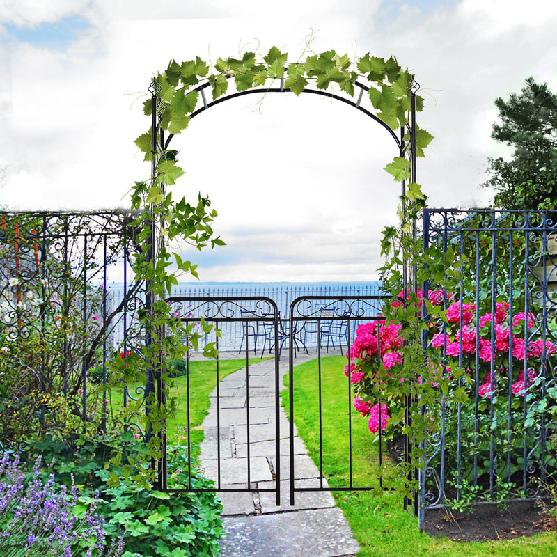 84" Garden Arch Arbor with Gate, Metal Arch Trellis, Garden Archway for Climbing Vines, Wedding Ceremony Decoration, Flourishes & Arrow Tips, Black