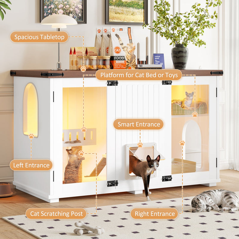47.25' Large Cat Litter Box Enclosure with LED Light, Hidden Litter Box Furniture, Cat House with Stairs and Cat Scratching Post, Cat Cabinet Side Table with Smart Doors for Living Room, White