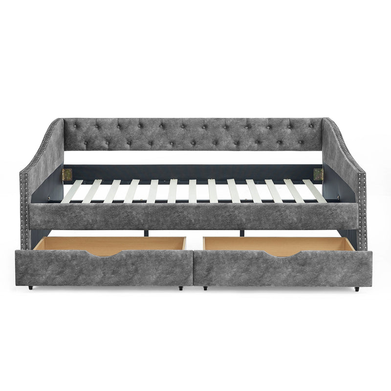 Full Size Daybed with Drawers Upholstered Tufted Sofa Bed, with Button on Back and Copper Nail on Waved Shape Armsrey0.5"55.5"27.5"