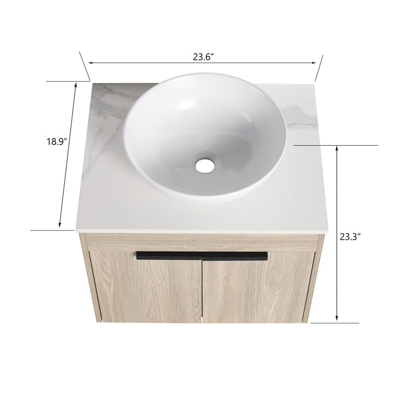 24" Modern Design Float Bathroom Vanity With Ceramic Basin Set, Wall Mounted White Oak Vanity With Soft Close Door, KD-PackingD-Packing Pieces