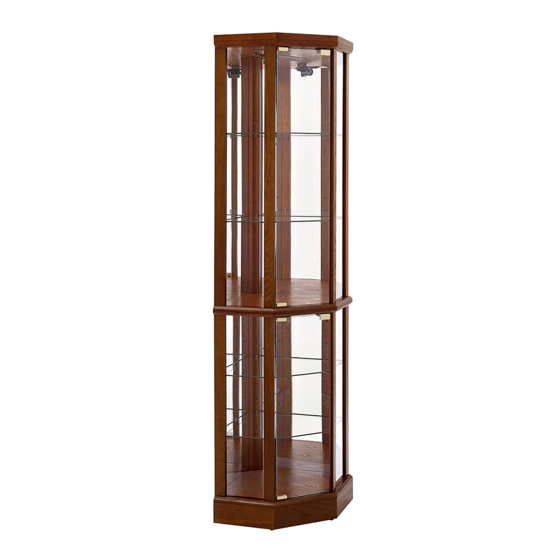 6 Shelf Lighted Corner Curio Cabinet with Adjustable Tempered Glass Shelves and Mirror Back, Walnut