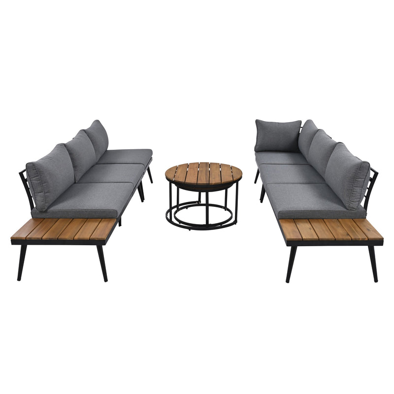 6-Piece Outdoor Sectional Sofa Set with Round Nesting Coffee Tables and Seating Sofa with Cushions for Patio, Porch and Garden (Grey)