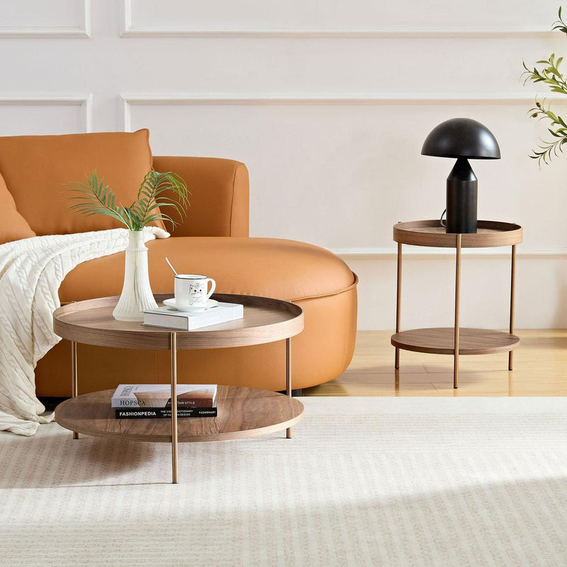 2-Piece Modern 2 tier Round Coffee Table Set for Living Room,Easy Assembly Nesting Coffee Tables, End Side Tables for Bedroom Office Balcony Yard,Walnut MDF