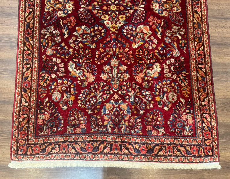 Antique Persian Sarouk Rug 4x6, Floral, Red, Wool Hand Knotted Fine 225 KPSI