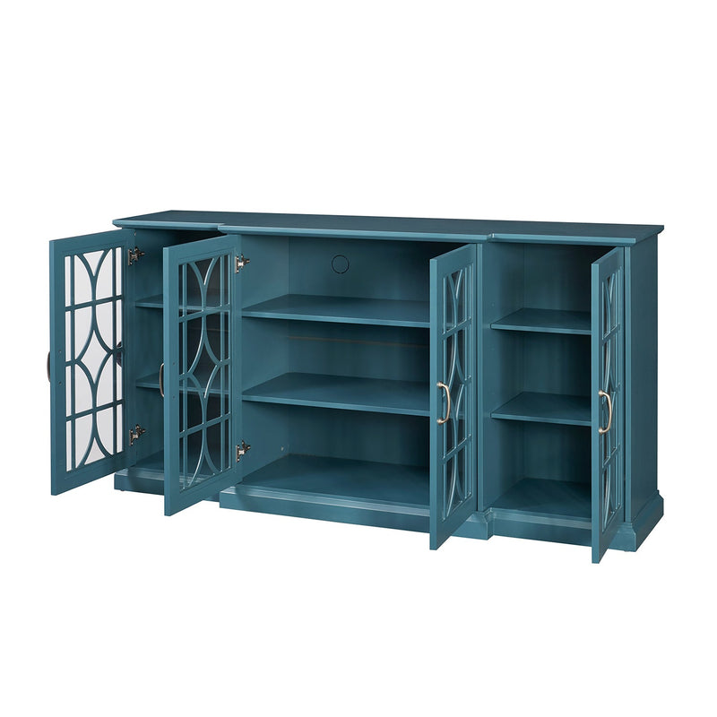 63" TV Stand, Storage Buffet Cabinet, Sideboard with Glass Door and Adjustable Shelves, Console Table for Dining Living Room Cupboard, Teal Blue