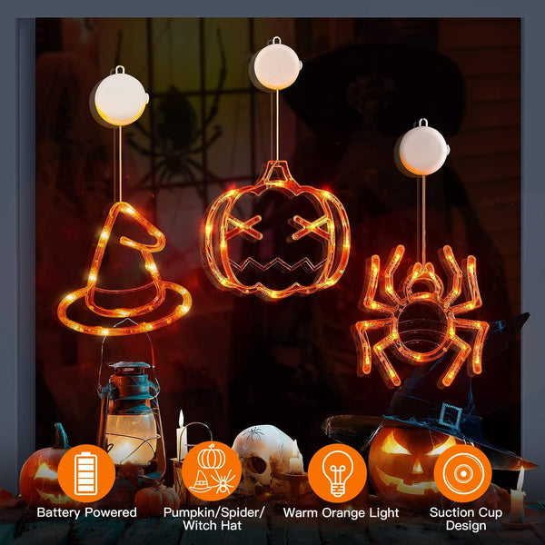 3 Pack Halloween Window Light Spider Witch Hat Pumpkin with Orange Light Hanging Halloween Decoration Light with Suction Cup Hanging Holes, photo 2 of 8