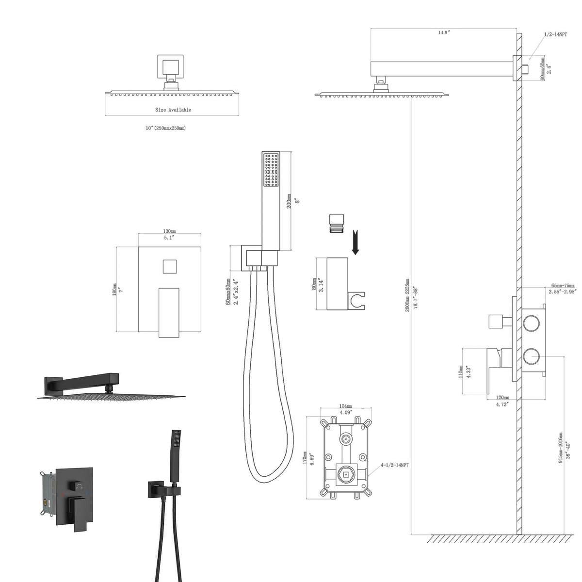 10" Square Dual Shower Head System Wall Mounted With Rough In Valve Modern Bathroom Fixture, photo 11 of 18