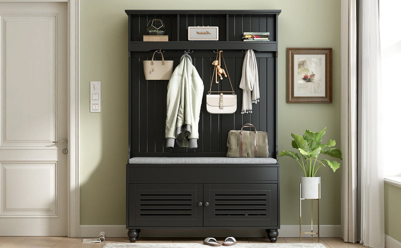 5-in-1 Entryway Bench with Shutter-shaped doors, Coat Rack, Cushion and 4 Sturdy Hooks, 47.2" Wide Hall Tree with Storage Bench for Hallway, Entryway, Living Room