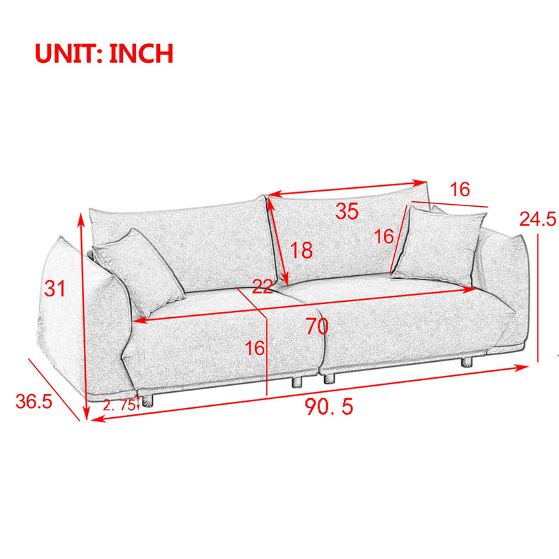 90.5" Modern Couch for Living Room Sofa, Solid Wood Frame and Stable Metal Legs, 2 Pillows, Sofa Furniture for Apartment