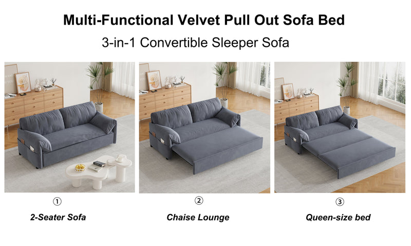 63.8" Queen Pull Out Sofa Bed, 3-in-1 Convertible Sleeper Sofa with Side Storage,Multi-Functional Velvet Loveseat Bed for Living Room,Bedroom,Apartment,Office,Grey