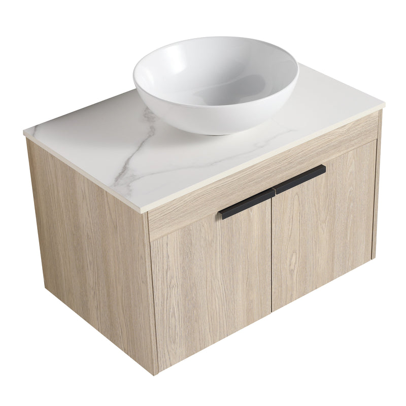 30" Modern Design Float Bathroom Vanity With Ceramic Basin Set, Wall Mounted White Oak Vanity With Soft Close Door, KD-PackingD-Packing Pieces
