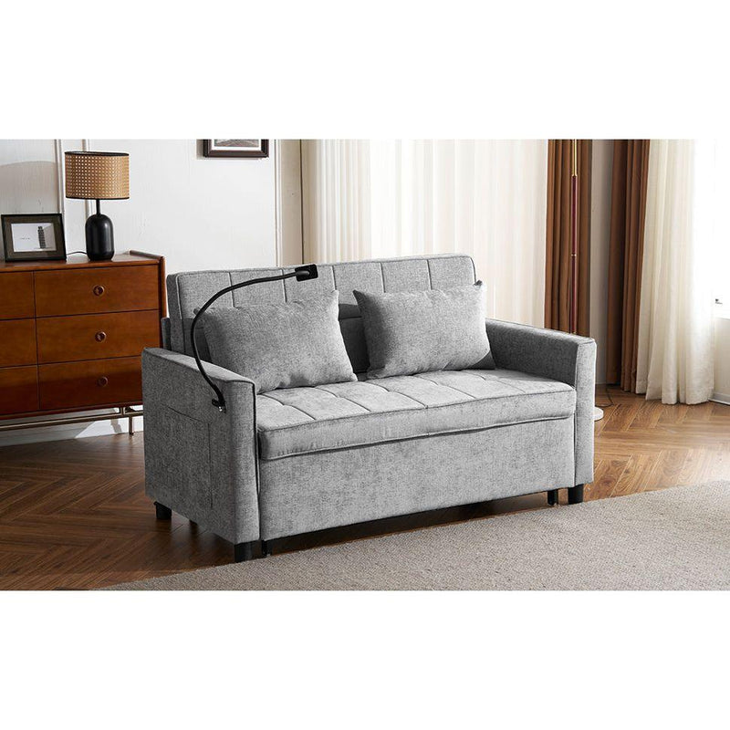56.9' Loveseat Sofa Pull-out Sofa Bed Sleeper Sofa with a Reversible Backrest Cushion, Side Pockets, Two USB Ports and a Phone Holder for Living Room, Grey