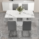 A simple dining table. A dining table with a white marble pattern. 4 PU synthetic leather high backrest cushioned side chairs with C-shaped silver metal legs. DT-SQ-16090-wh